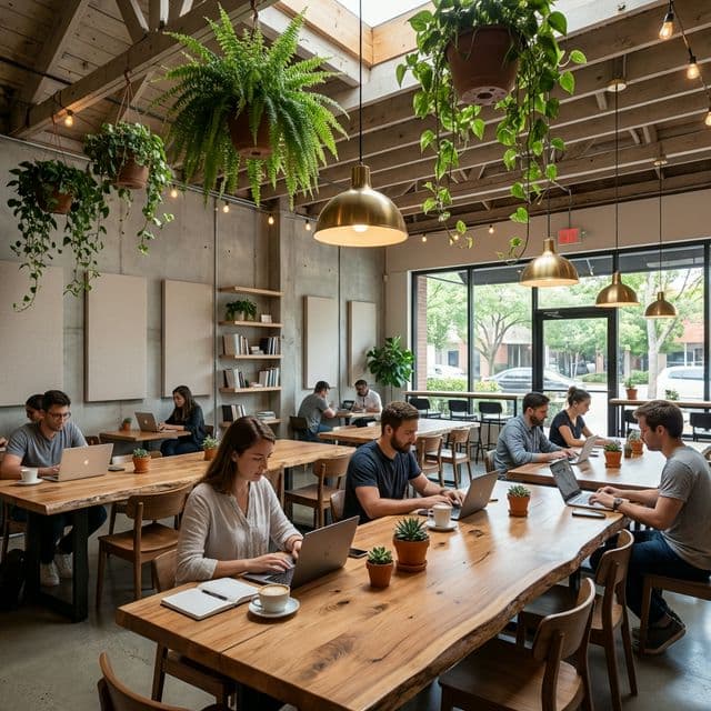 Cozy workspace at The Roost with natural light